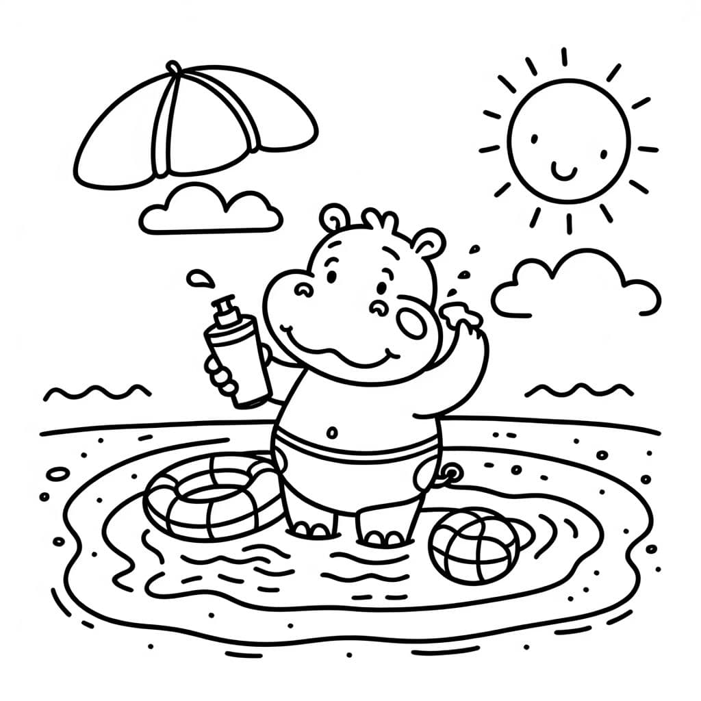 hippo au bord de la piscine en train de mettre de la crème solaire