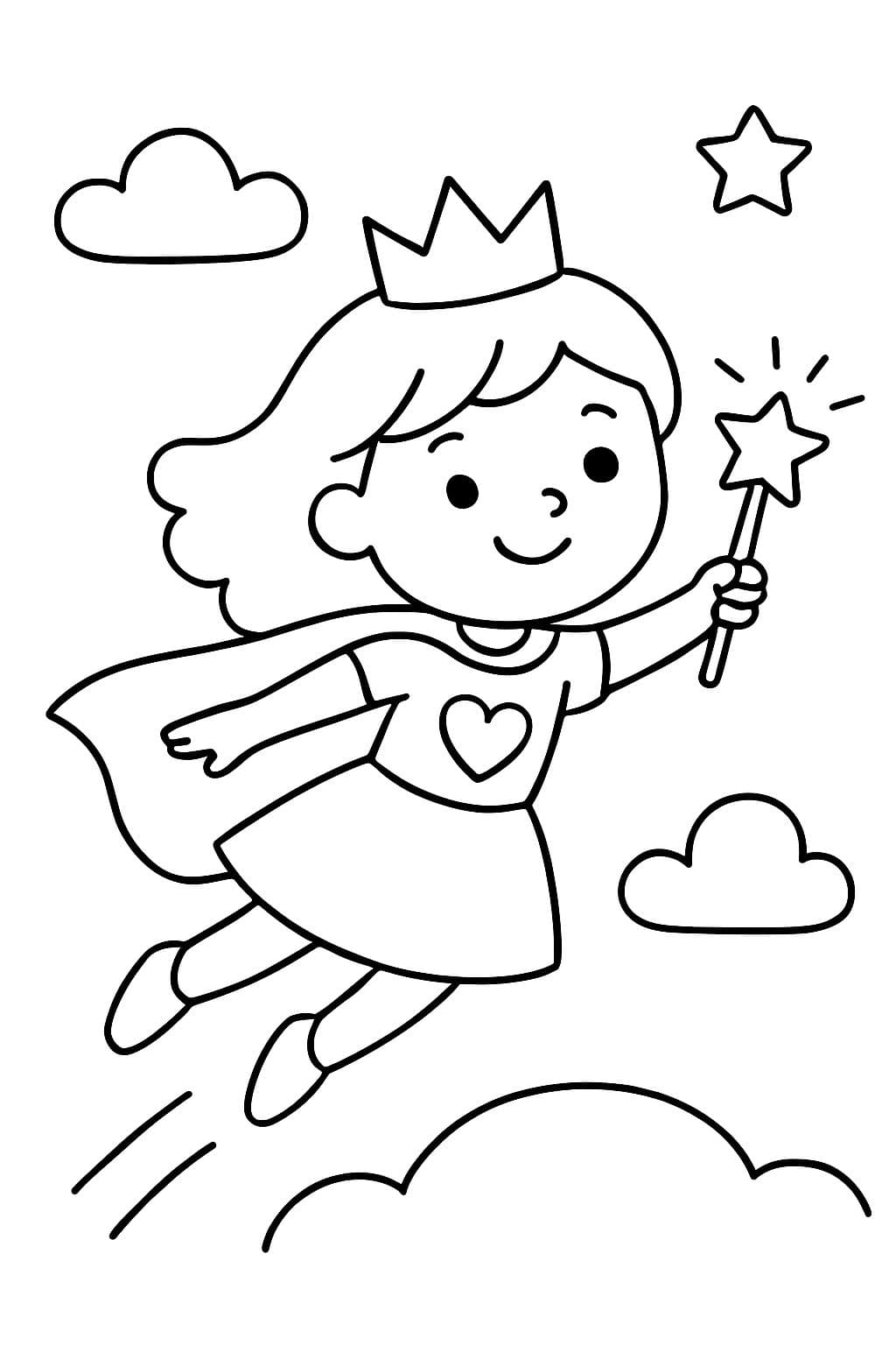 Menina heroína voando com capa e coroa de princesa, coração na camiseta e varinha mágica.
