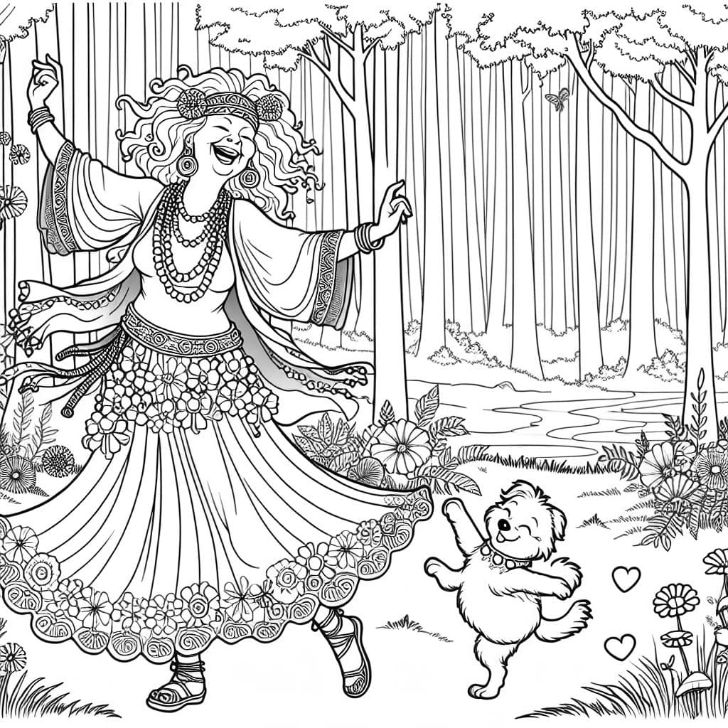 Older hippie woman dancing in a forest with a small dog