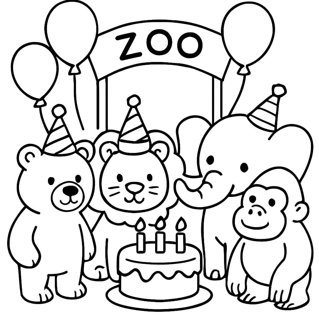 eine geburtstagsparty mit einem bär einem löwen einem elefanten und einem gorilla vor einem zoo eingang die tiere stehen um eine geburtstagstorte mit 3 kerzen herum füge drei luftballons hinzu
