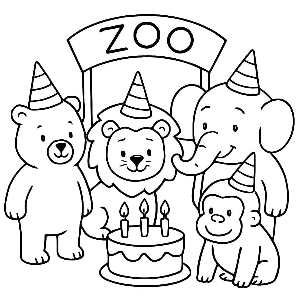 una fiesta de cumpleaños con un oso, un león, un elefante y un gorila frente a la entrada de un zoológico; los animales están reunidos alrededor de un pastel de cumpleaños con tres velas