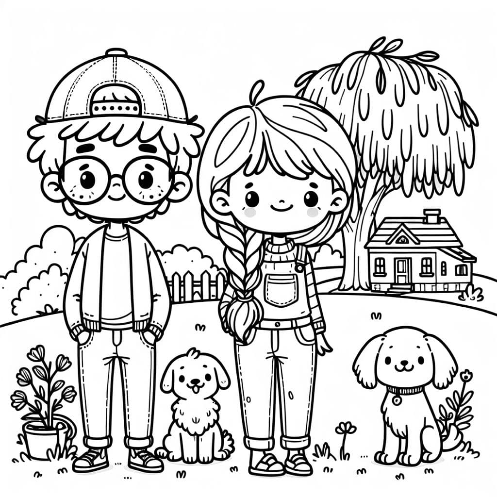 Un hombre con cabello esponjoso, una gorra en la cabeza, gafas cuadradas, que lleva una camiseta de Ohio State y jeans. Una mujer con cabello castaño rojizo trenzado a un lado, usando un suéter, jeans y sandalias. Un gran golden retriever peludo y un cachorro cane corso, de pie afuera bajo un sauce llorón frente a una linda casita.