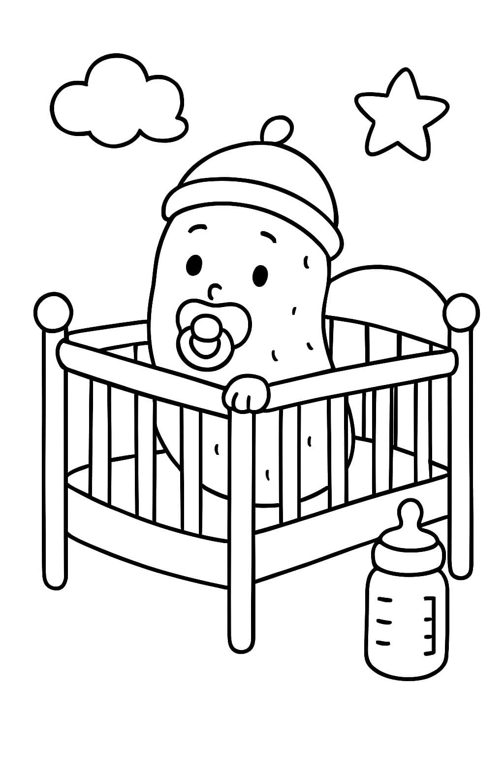 bébé cornichon dans le lit avec une tétine et une bouteille