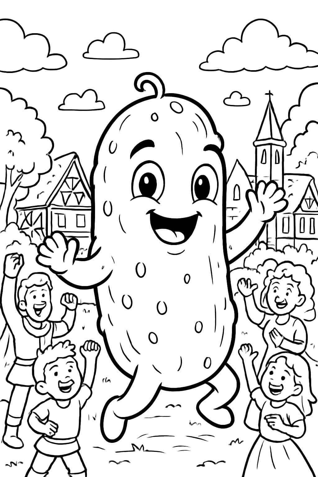 Bebé pepinillo con un pueblo celebrando su nacimiento