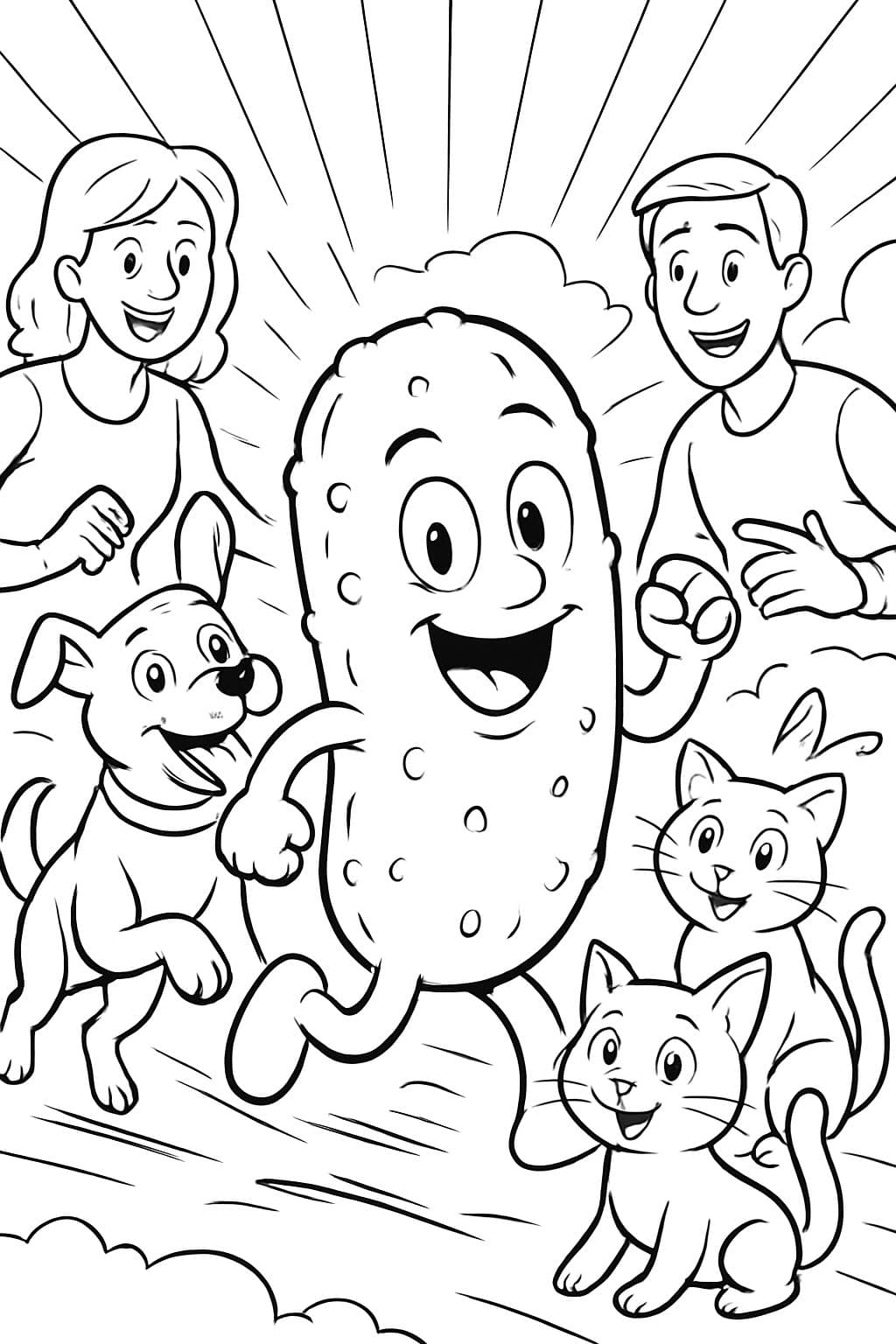 pepino bebé pasando el rato con un perro y 2 gatos y sus padres