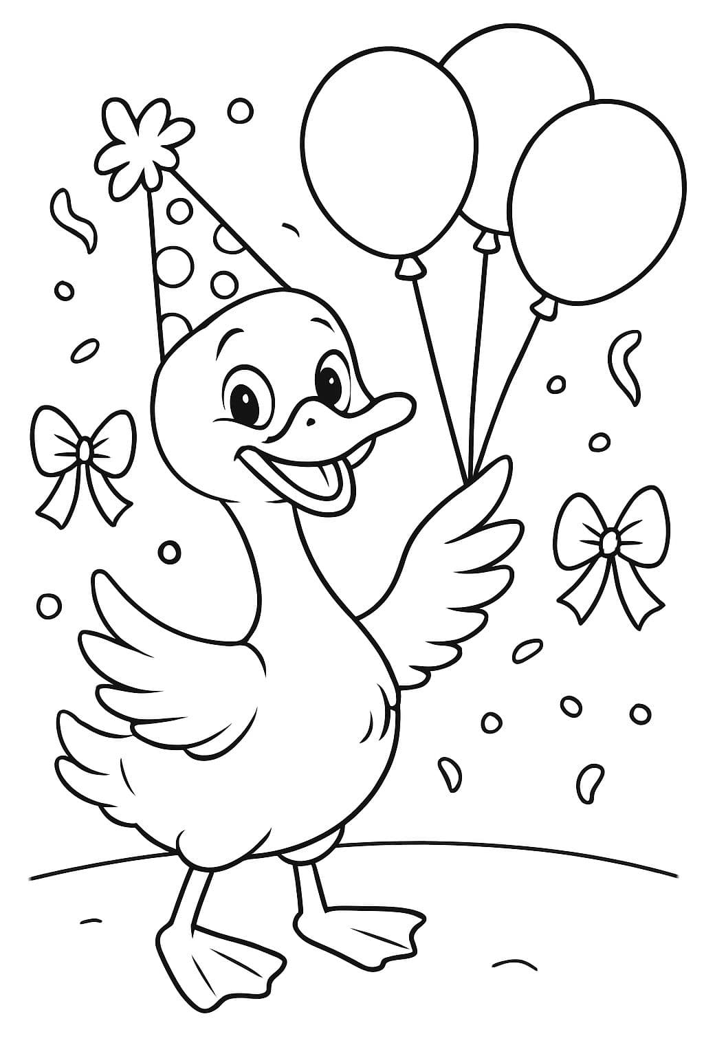 ganso con un sombrero de cumpleaños y globos y lazos