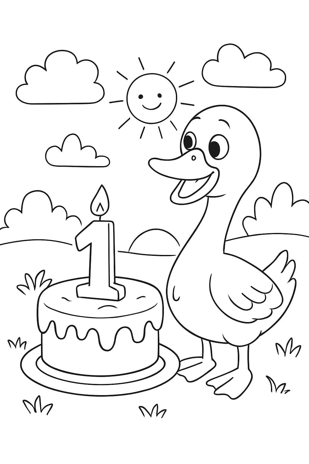 ganso a la derecha con un pastel de cumpleaños con una vela.