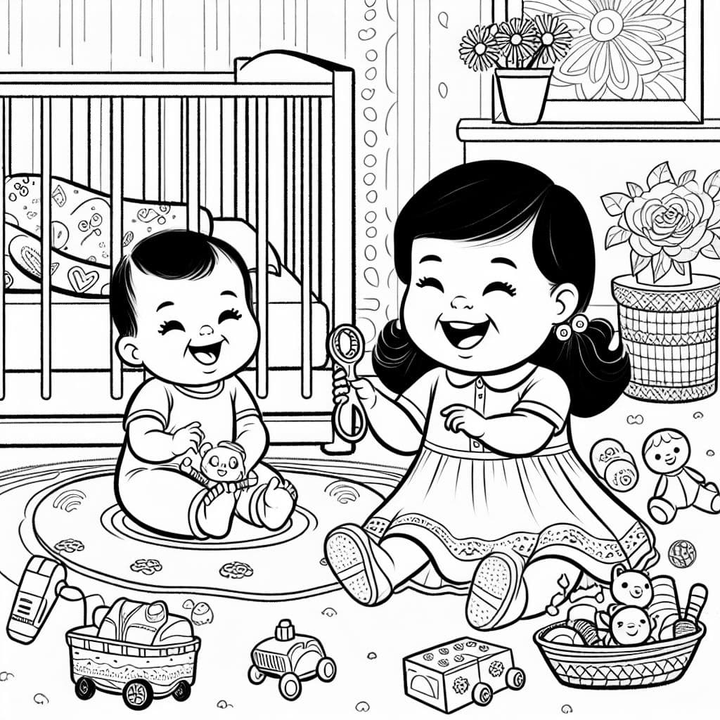 a 2 week old girl and a 3 year old girl playing with babies toys