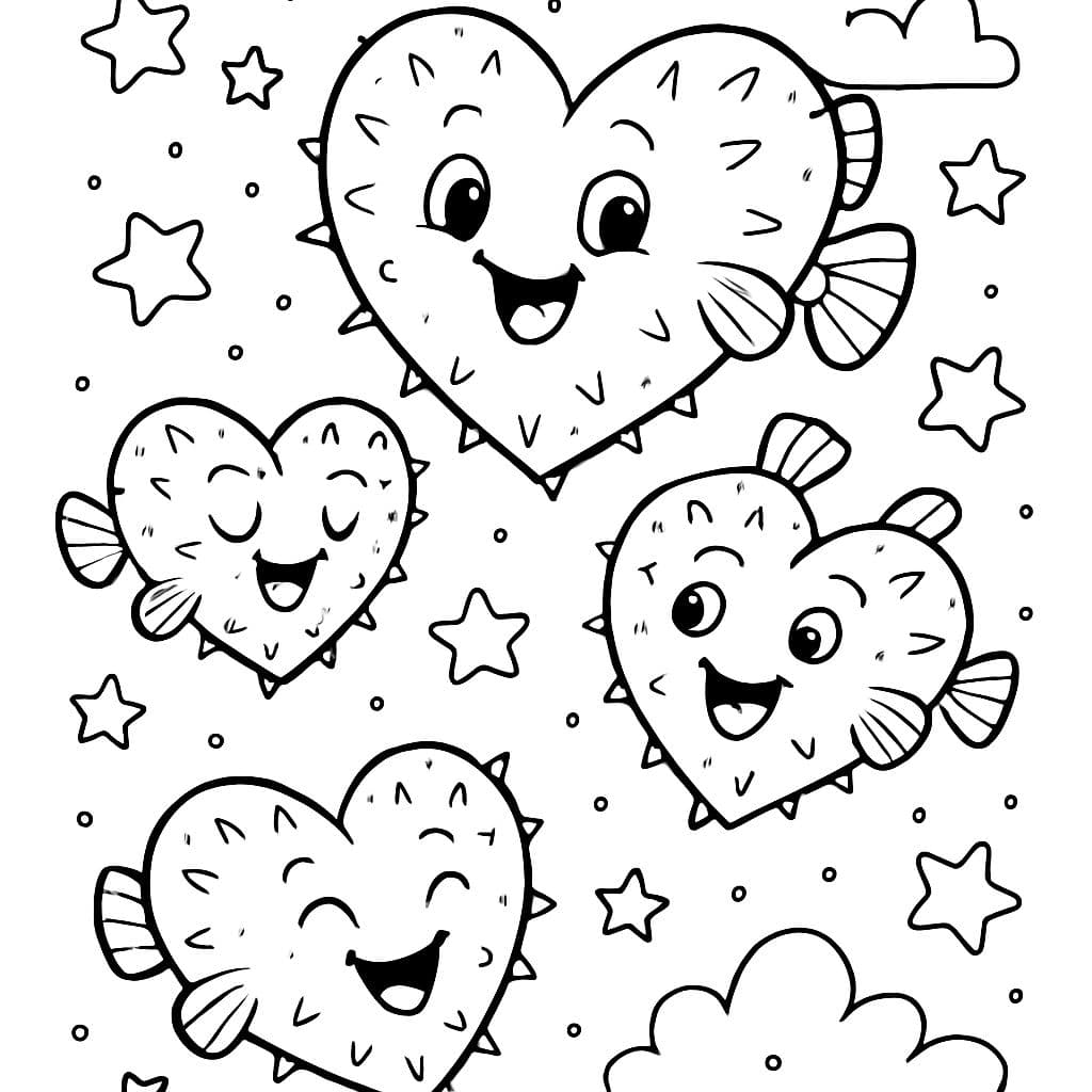 Um grupo de peixes-globo em forma de coração flutuando no céu estrelado.