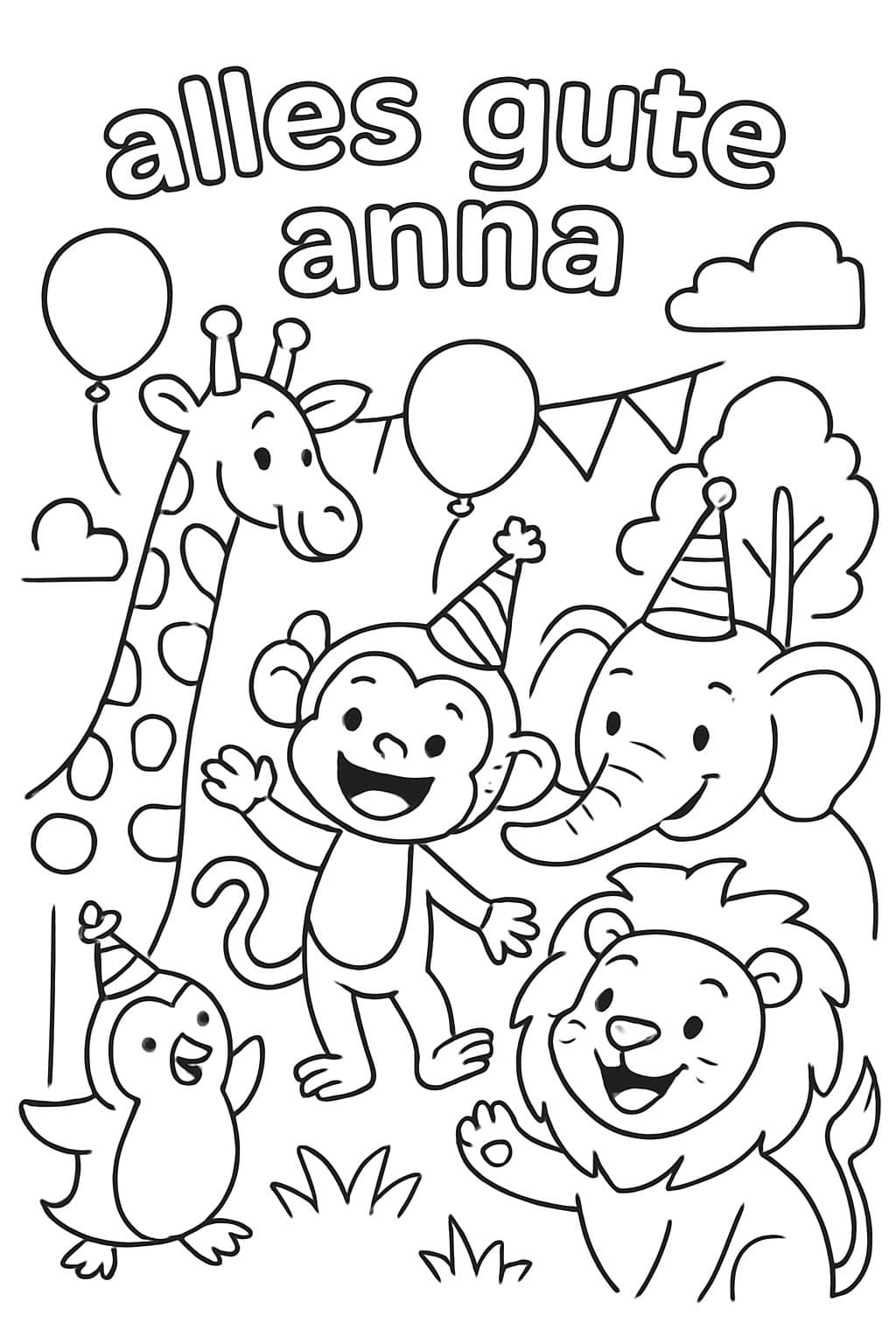 Fiesta de animales del zoo con el encabezado 'Feliz Cumpleaños Anna'