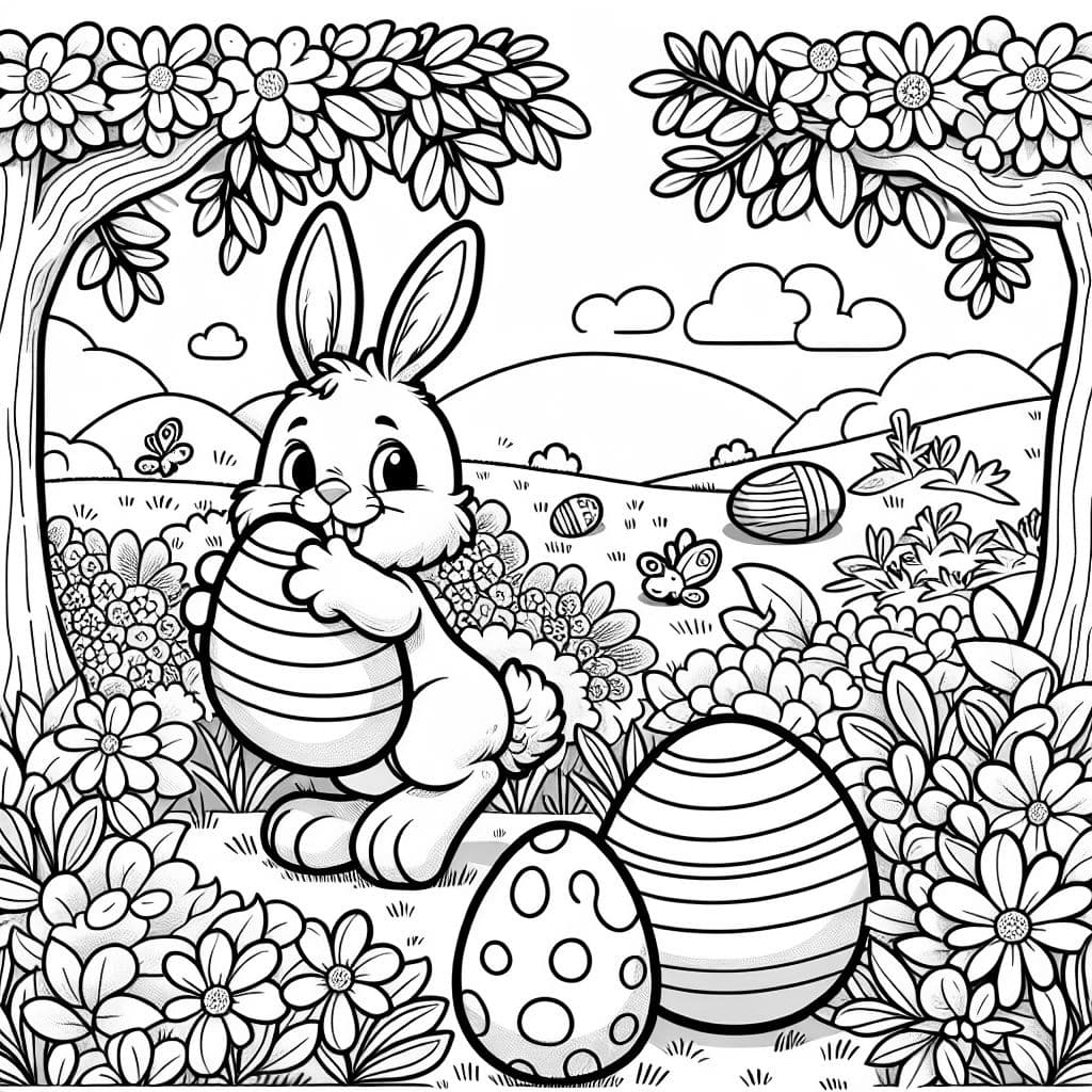 Conejo de Pascua escondiendo huevos de Pascua en el jardín