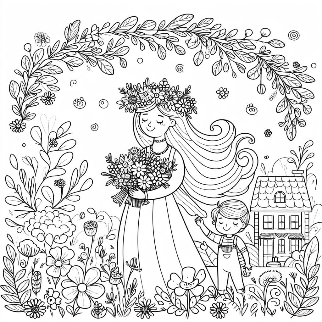 Una representación cariñosa de una mamá usando una hermosa corona de flores.