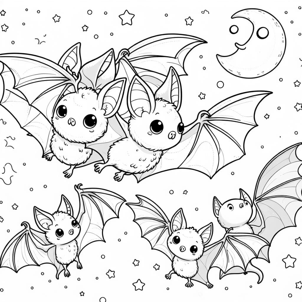 Une page à colorier colorée avec la famille de chauves-souris dans le ciel nocturne. Parfait pour les enfants pour libérer leur créativité et apprécier la beauté de la nuit.