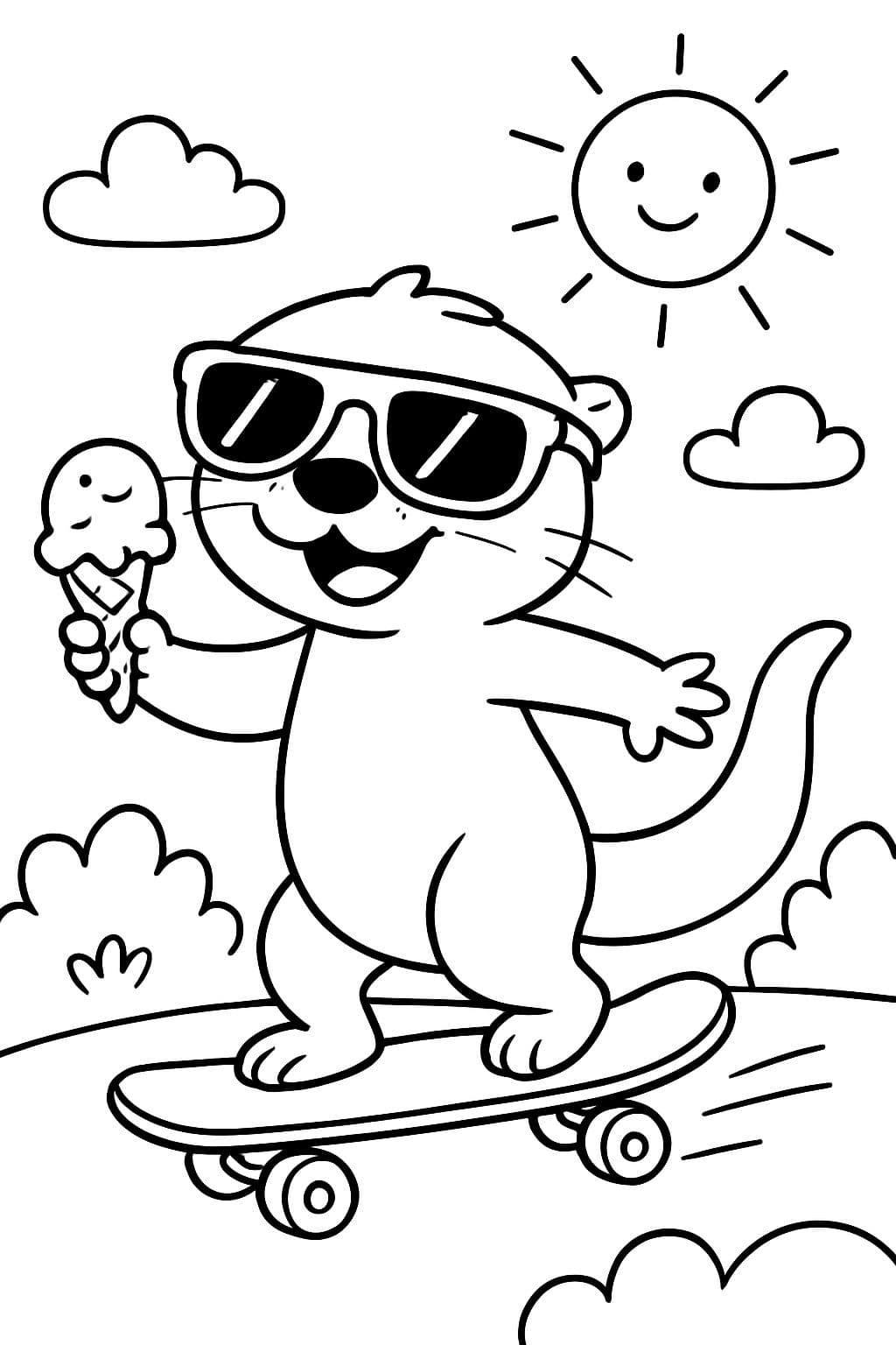 Otter mit Eis in der Hand und Sonnenbrille fährt skateboard