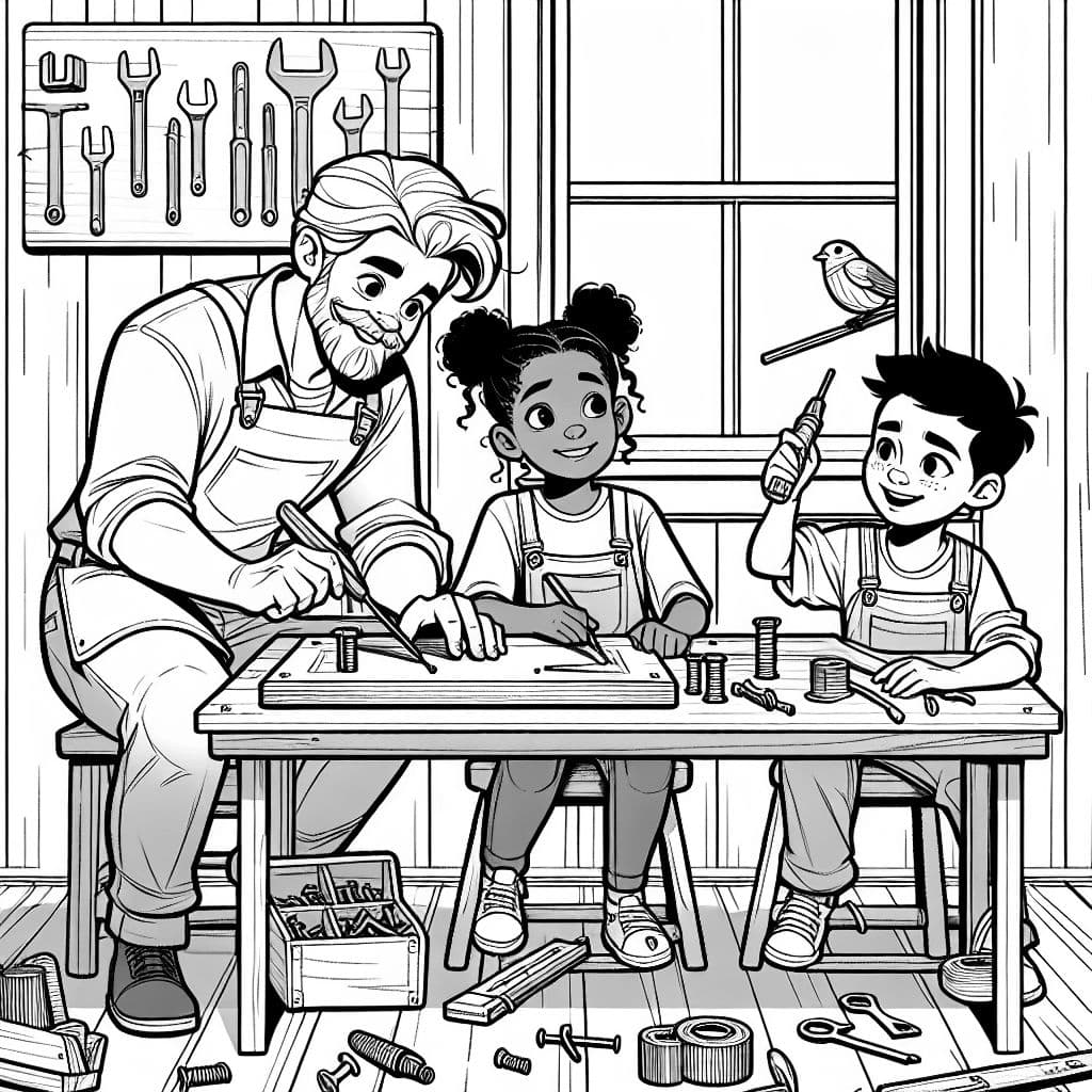 Papá está construyendo cosas con herramientas y niños.