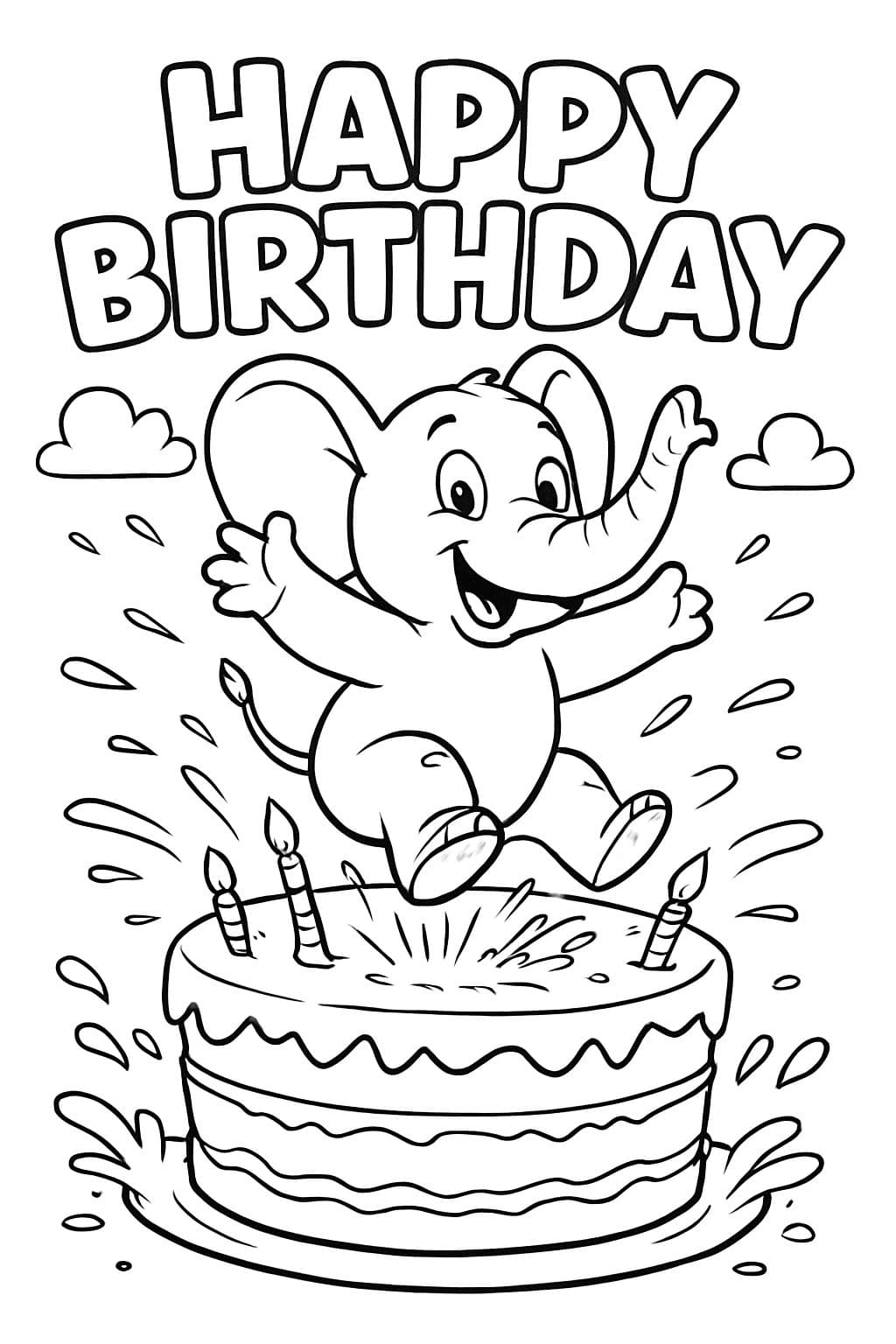 Elephant jumps into birthday cake. Above is written in bubble letters 'Happy Birthday'.