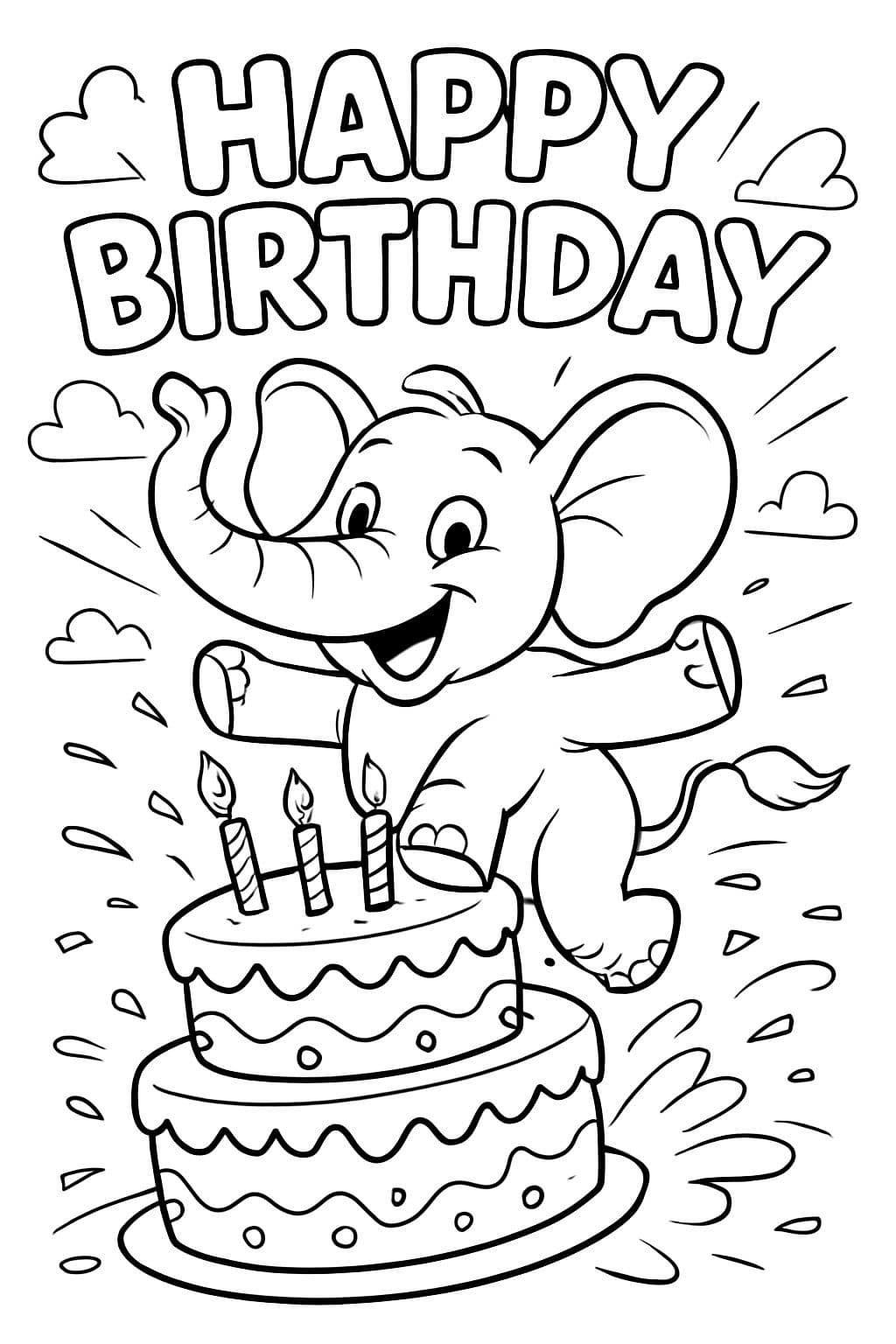 Un éléphant saute dans un gâteau d'anniversaire. Au-dessus, il est écrit en lettres bulle 'Joyeux Anniversaire'