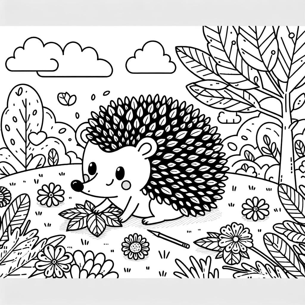 Un erizo rodeado de hojas, perfecto para una página para colorear.