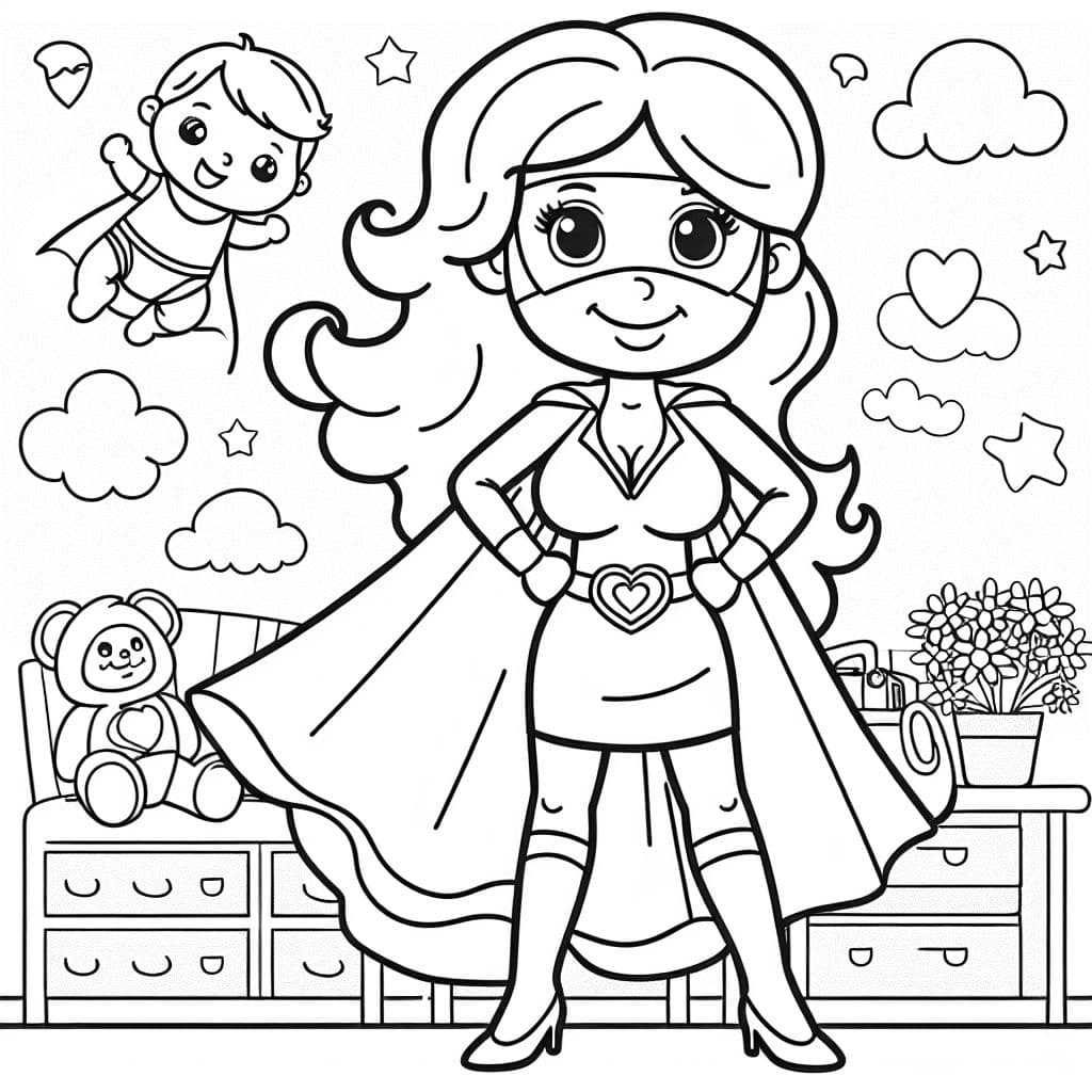 Uma página de colorir colorida com mamãe como super-heroína, mostrando seus superpoderes e incentivando as crianças a liberar sua imaginação.