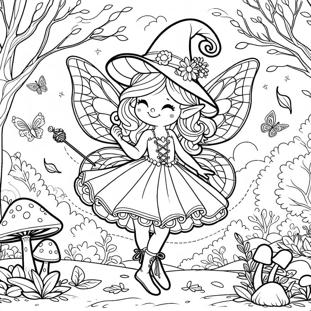 Un hada mágica de otoño rodeada de hojas coloridas y elementos naturales de la temporada de otoño. Perfecto para que los niños coloreen.
