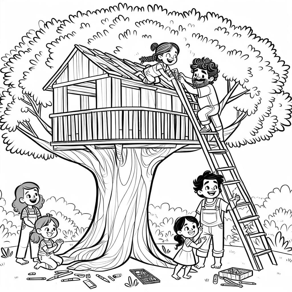 Un papá está construyendo una casa en el árbol con sus hijos.