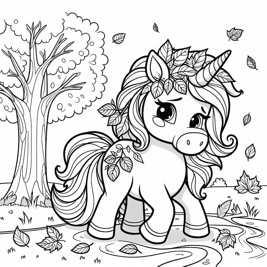 Un unicorn d'automne avec des feuilles colorées en arrière-plan à colorier.