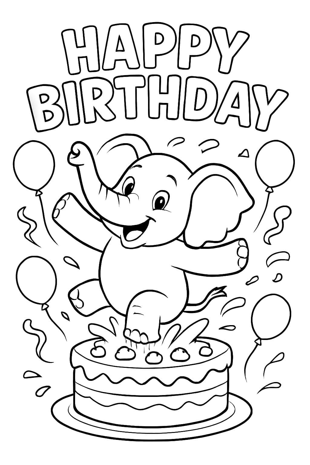Elephant jumps into birthday cake. Above it is written in Hubble font "Happy Birthday"