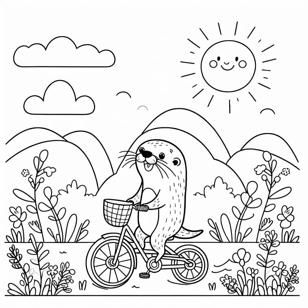 Una linda nutria montando en bicicleta. Perfecto para que los niños lo coloreen.