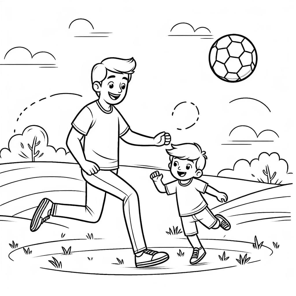 Un père joue au football avec son enfant dans le parc. Idéal pour une page à colorier sur les activités familiales.