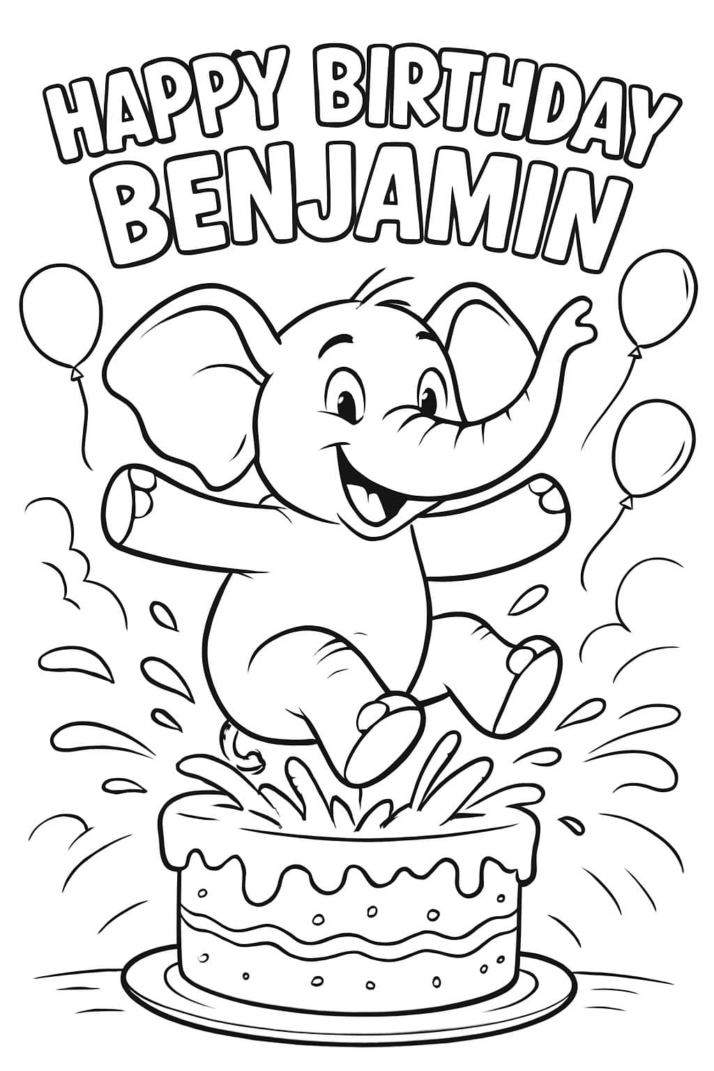 Éléphant saute dans un gâteau d'anniversaire. Au-dessus, il est écrit en lettres de bulle "Joyeux Anniversaire Benjamin"