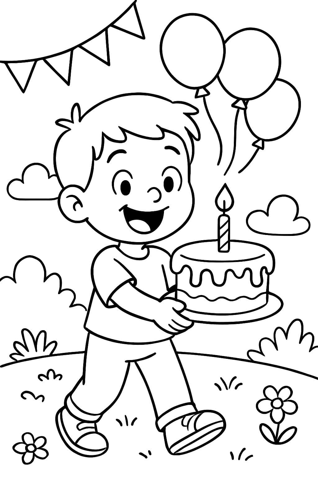 Un garçon heureux tenant son premier gâteau d'anniversaire.