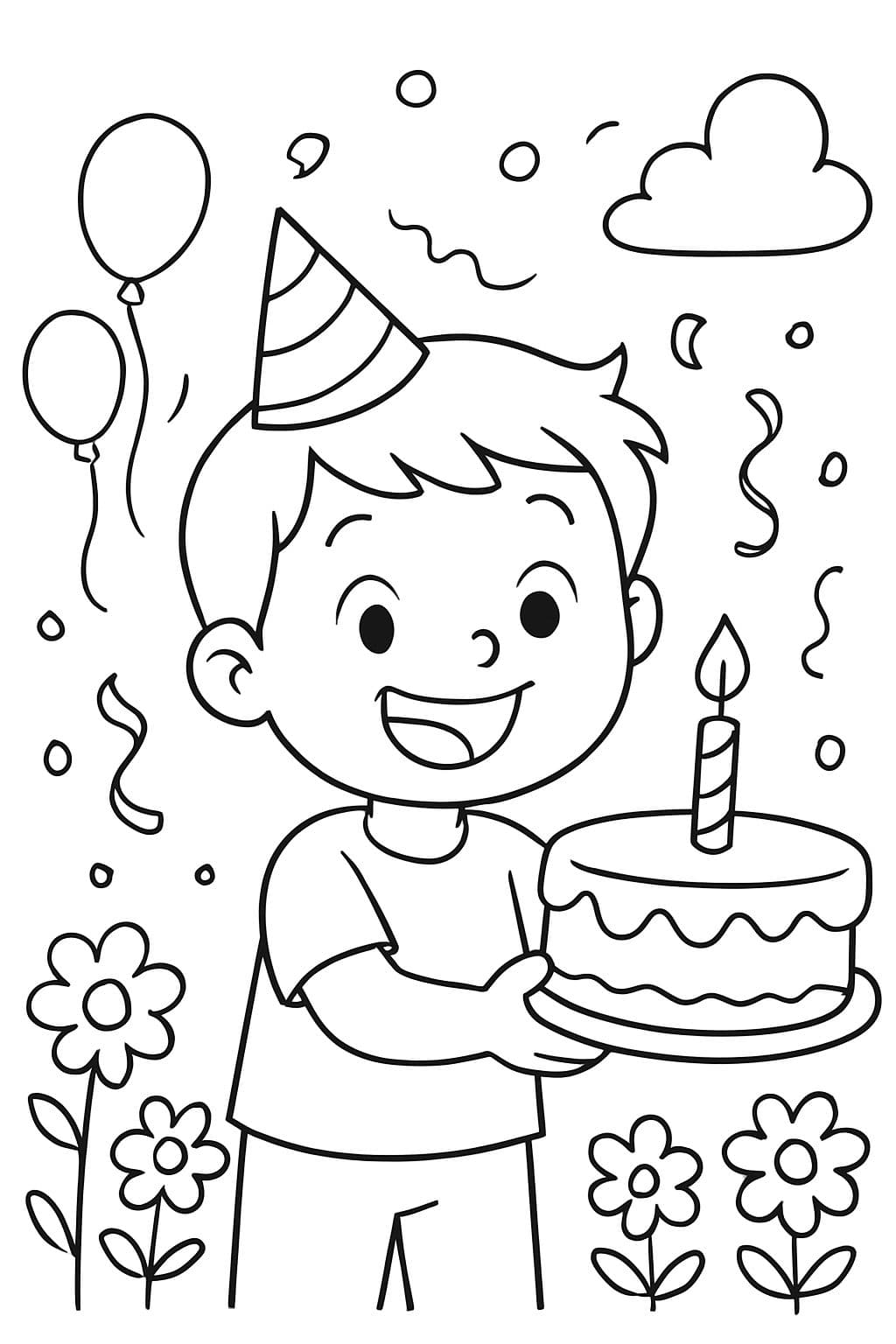 Un garçon heureux tenant son premier gâteau d'anniversaire.