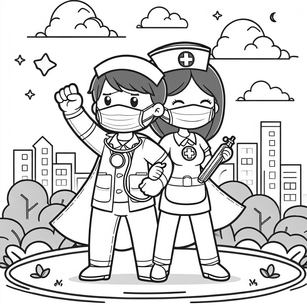 Un superhéroe como enfermera, listo para ayudar a otros y cuidar de su salud. Perfecto para que los niños liberen su creatividad mientras pintan.