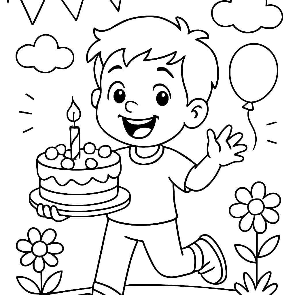 Un garçon heureux tenant son premier gâteau d'anniversaire.