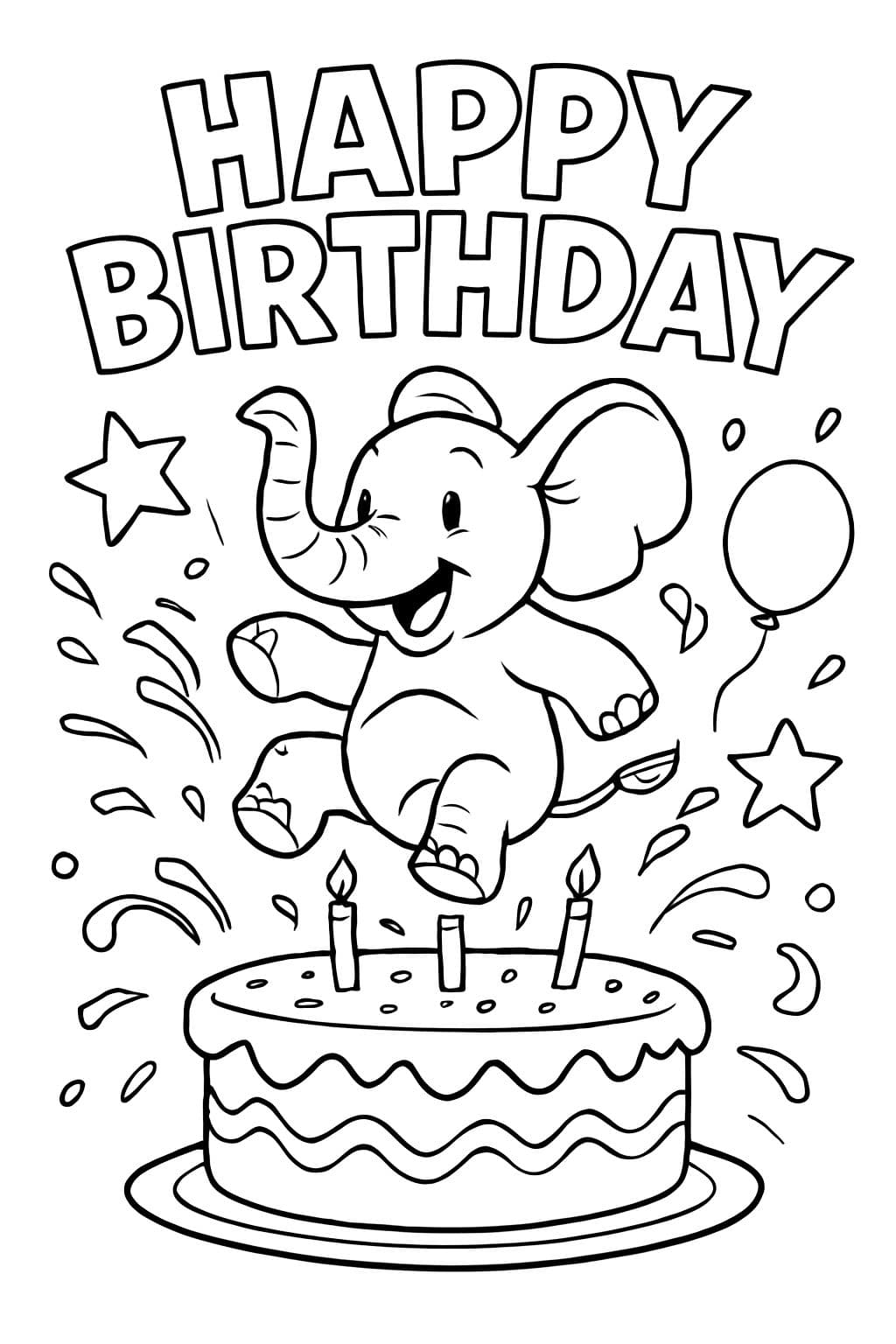 Éléphant saute dans un gâteau d'anniversaire. Au-dessus, il est écrit en lettres Hubble 'Joyeux Anniversaire'