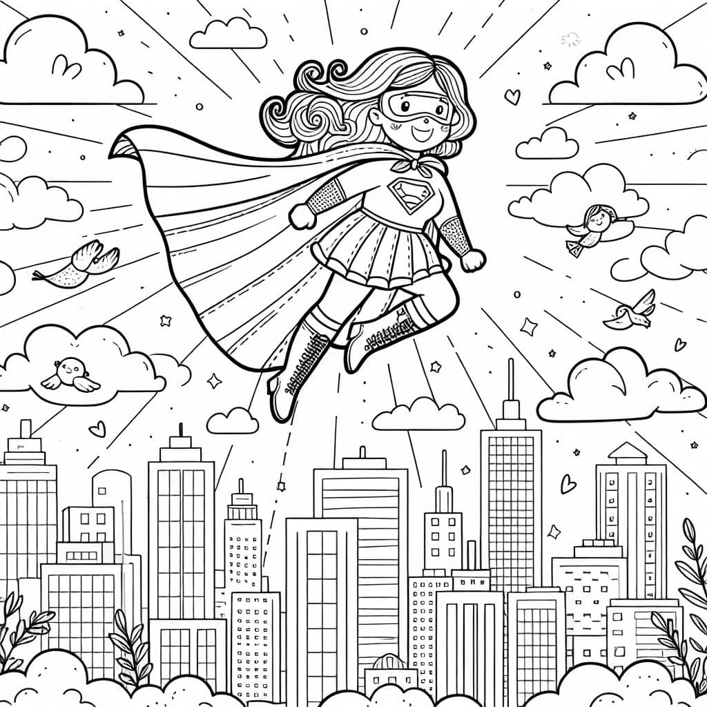 Une page à colorier colorée de maman en super-héroïne, encourageant les enfants à exprimer leur imagination et leur créativité.