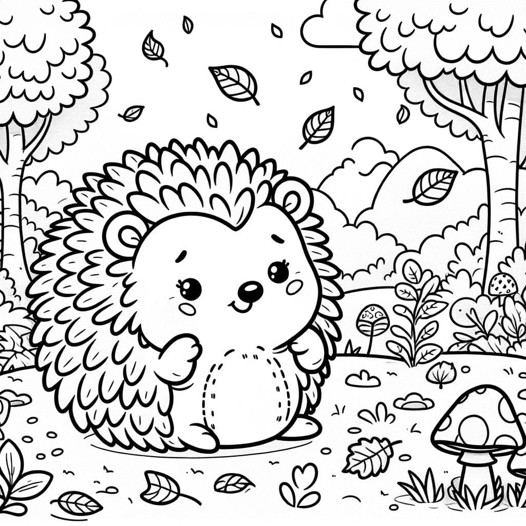 Ein süßer Igel, der im Herbst umherläuft, umgeben von bunten Blättern.