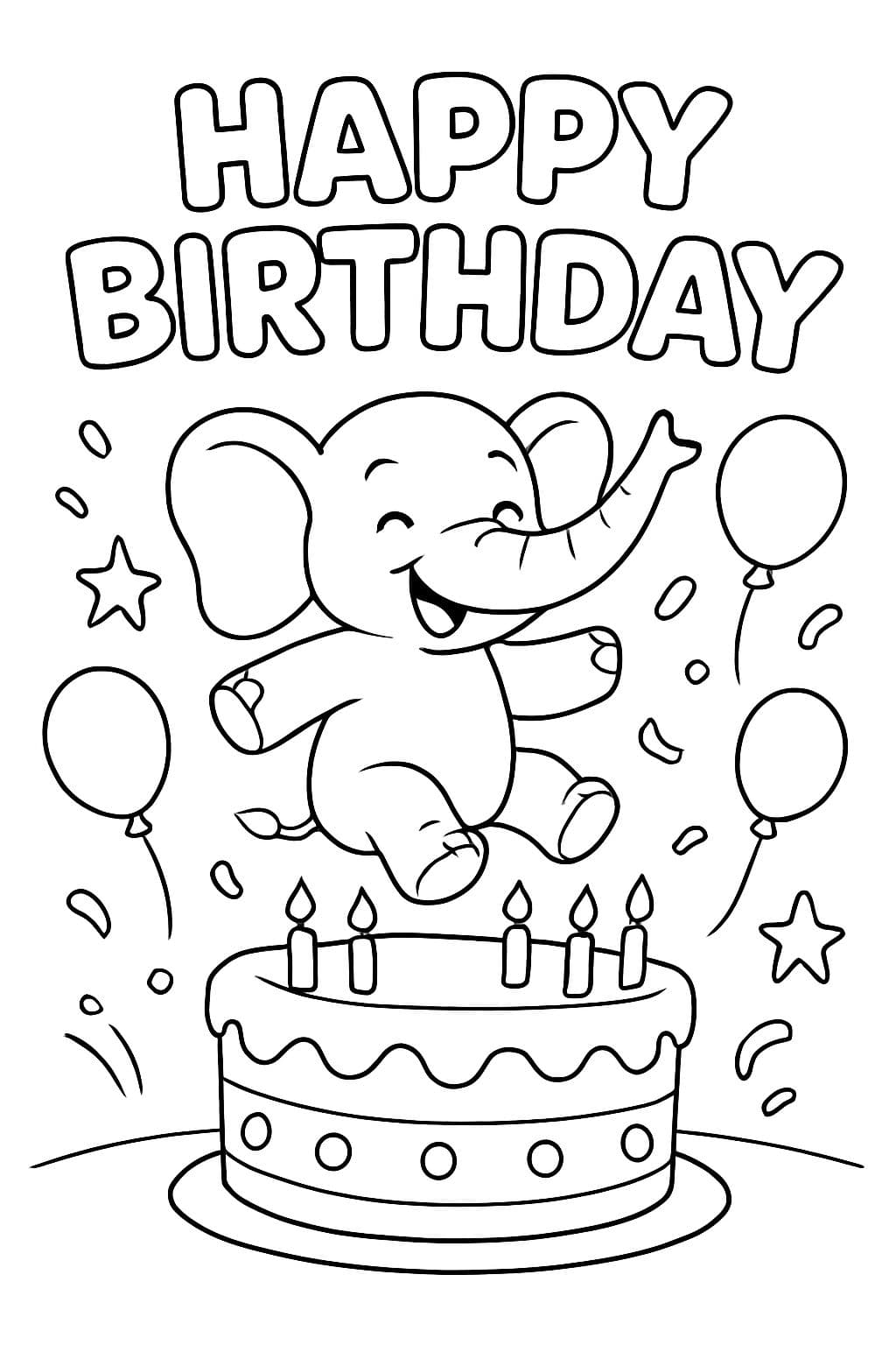 Éléphant saute dans un gâteau d'anniversaire. Au-dessus, il est écrit en lettres arrondies 'Joyeux Anniversaire'