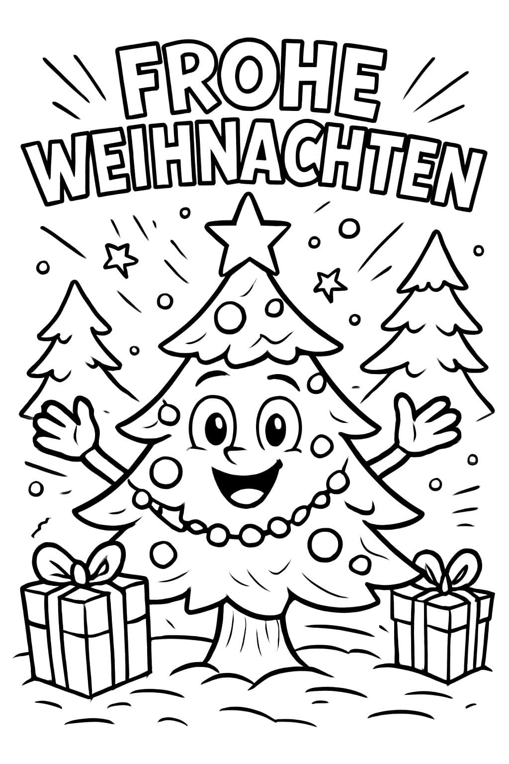 Süßer Tannenbaum mit dem Schriftzug "Frohe Weihnachten"