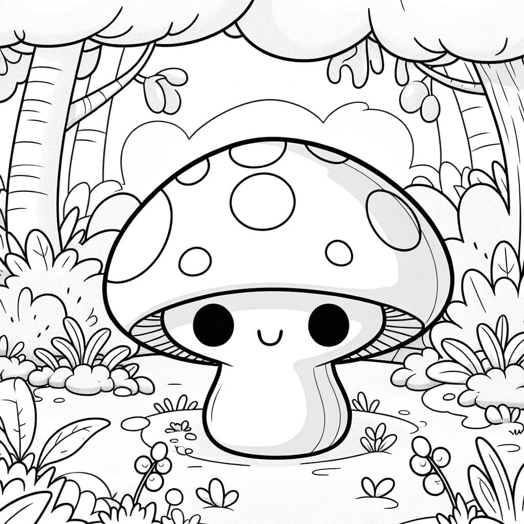 Un dibujo de un hongo lindo con ojos que anima a los niños a colorear.
