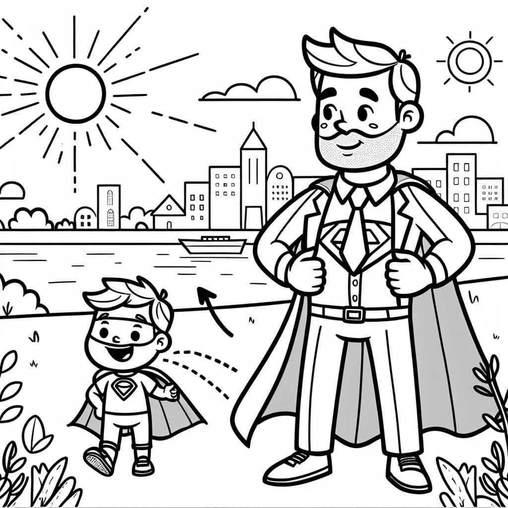 Un padre representado como un superhéroe, con una capa y una máscara, listo para proteger a sus hijos.