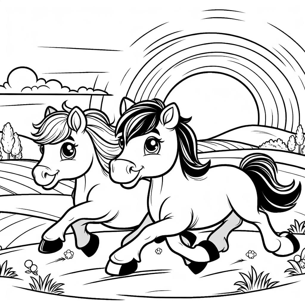 Un coucher de soleil avec des chevaux, parfait pour une page à colorier pittoresque.