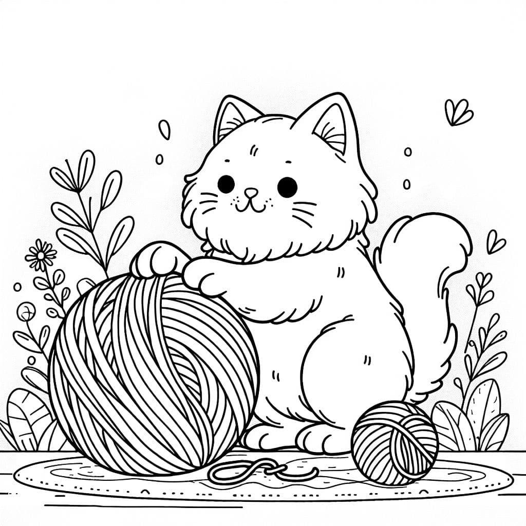 eine Katze die hinter einem Wollknäul steht mit den vorderpfoten auf dem wollknäul, realistische optik