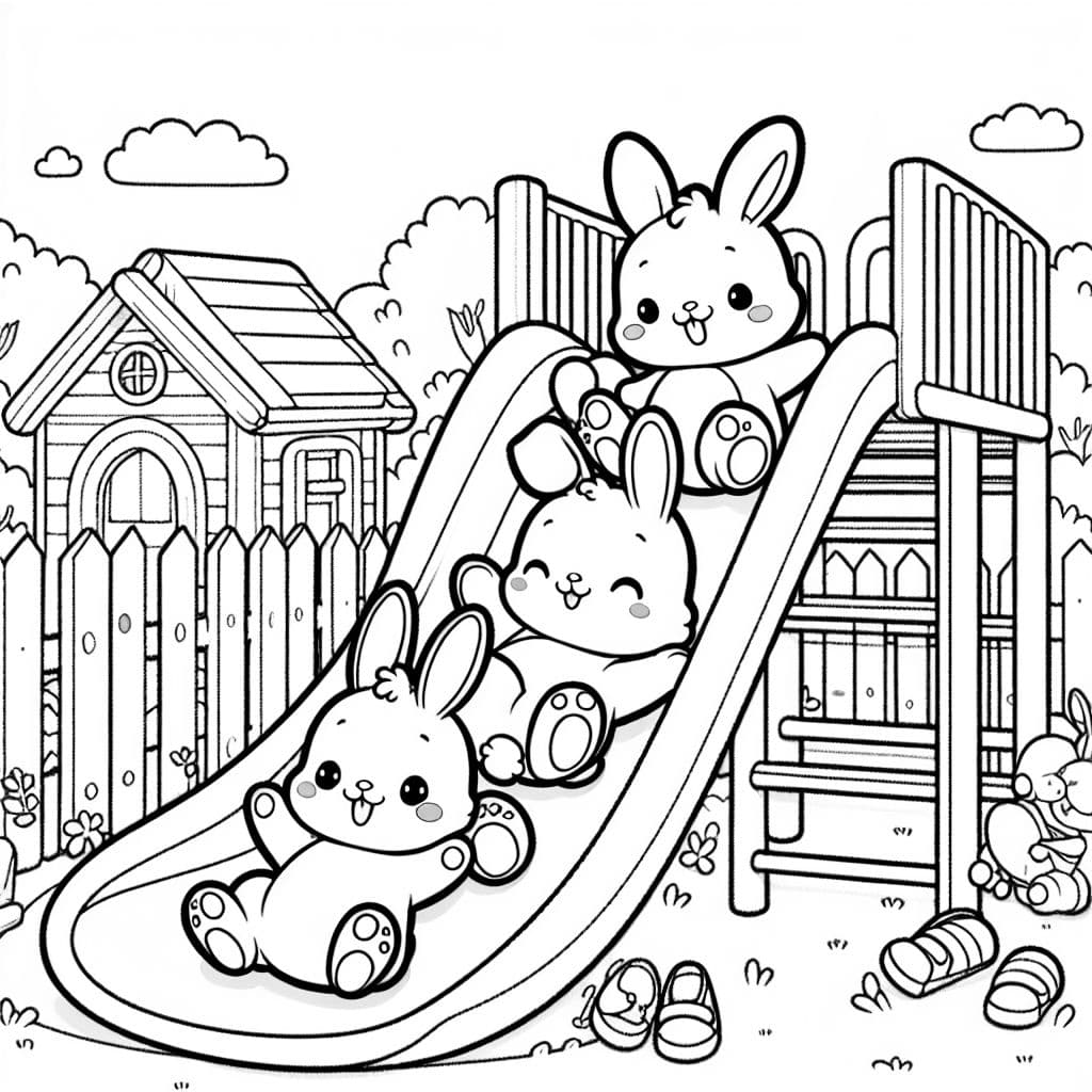 vier süße hasen rutschen zusammen auf einer Rutsche