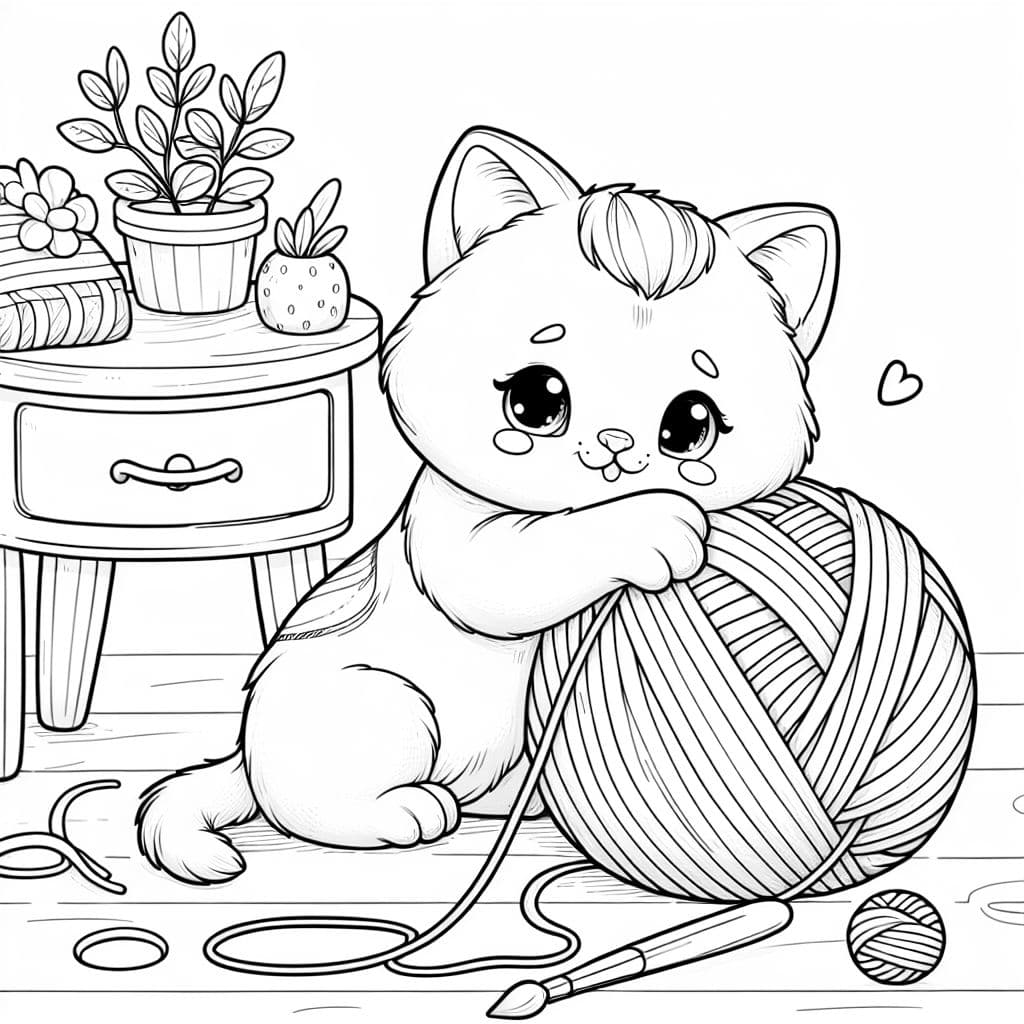 eine süße Katze die mit einem wollknäul spielt, bzw darauf lehnt, mit realistischen katzen features