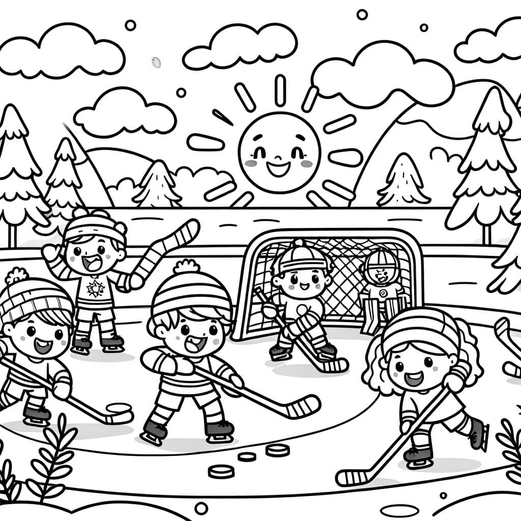 a hockey game on the frozen pond on a sunny winter day