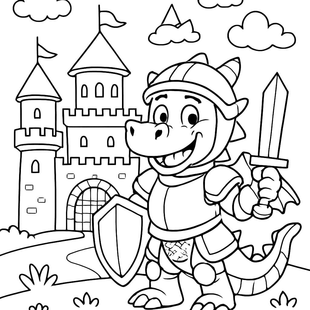 un dragón con armadura frente a un gran castillo de caballero