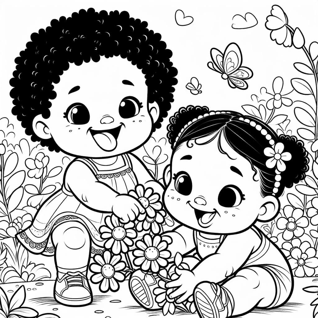 Deux sœurs noires, l'une âgée de 2 ans et l'autre de 5 ans, jouant dans un jardin de fleurs.
