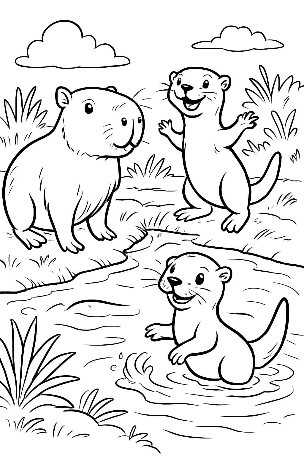 Lindos capibaras y nutrias junto a un estanque