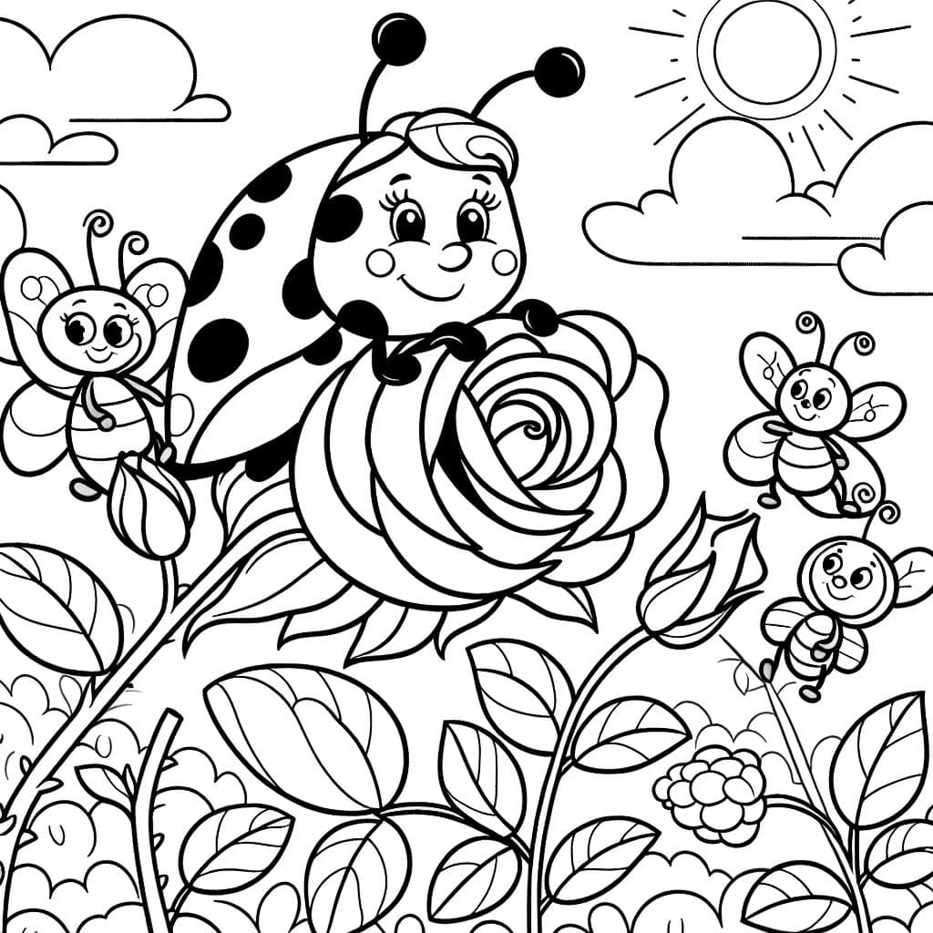 Marienkäfer in einem Rosengebüsch mit ihren Freunden